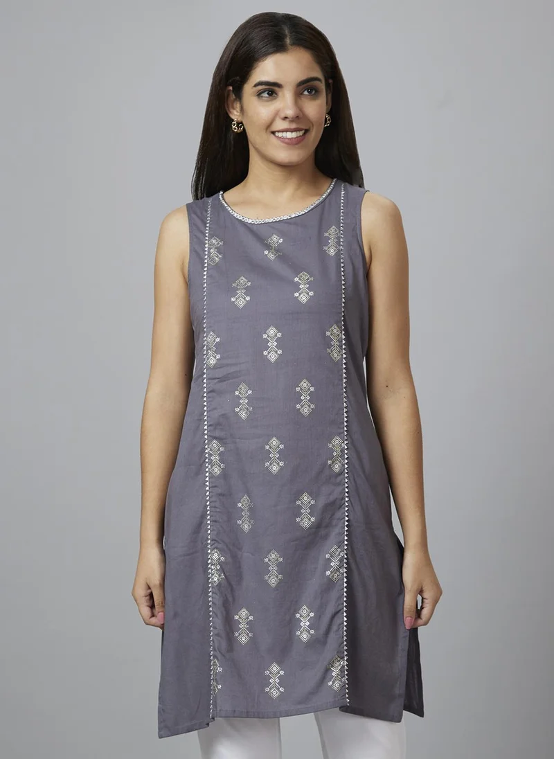 globus Globus Women Grey Ethnic Motifs Printed Gotta Patti Sleeveless Pure Cotton Kurta